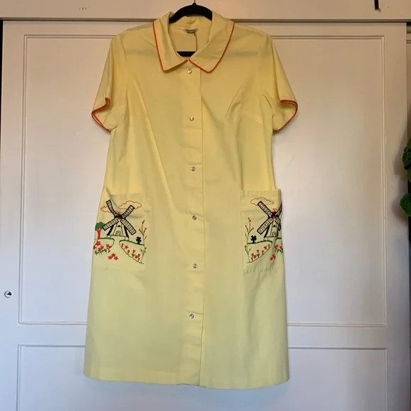 I Appel Dresses | Vintage Butter Yellow House Dress with Embroidered Tulips and Windmills | Color: Orange/Yellow | Size: M